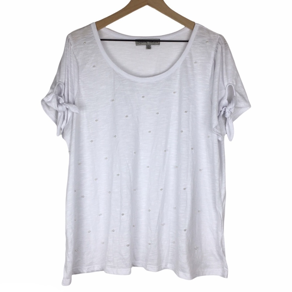 ABSOLUTELY FAMOUS Plus Size Top Pearl Bead Details Short Sleeve Scoop Neck 2X
